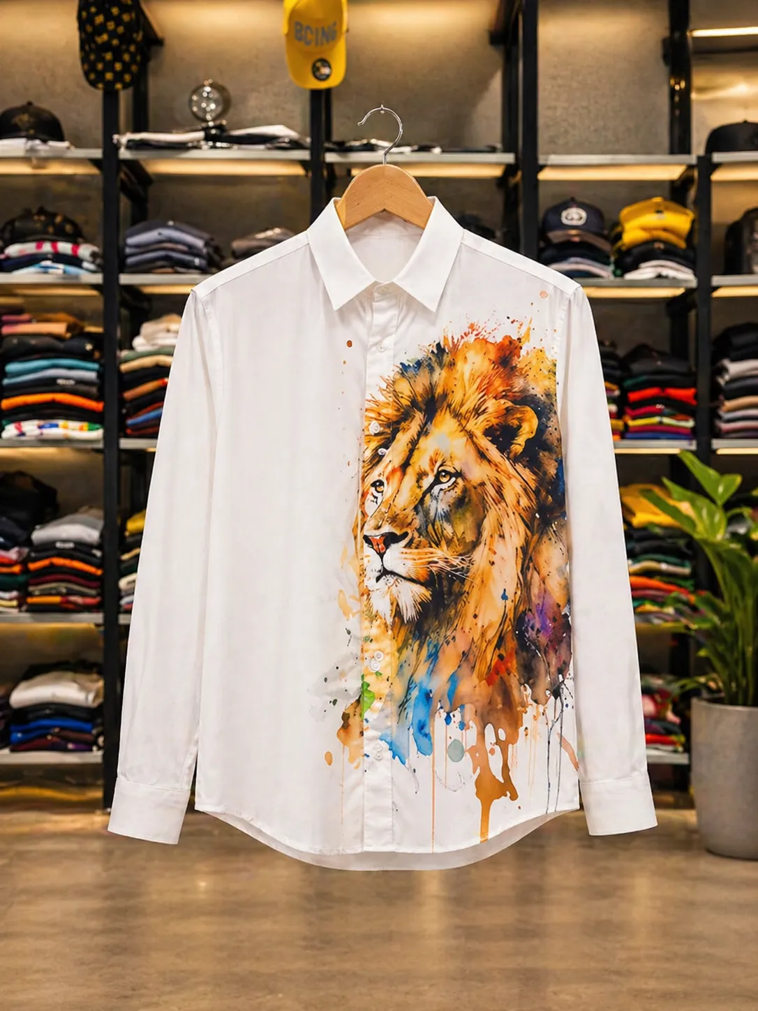 Men's White Artistic Lion Print Shirt